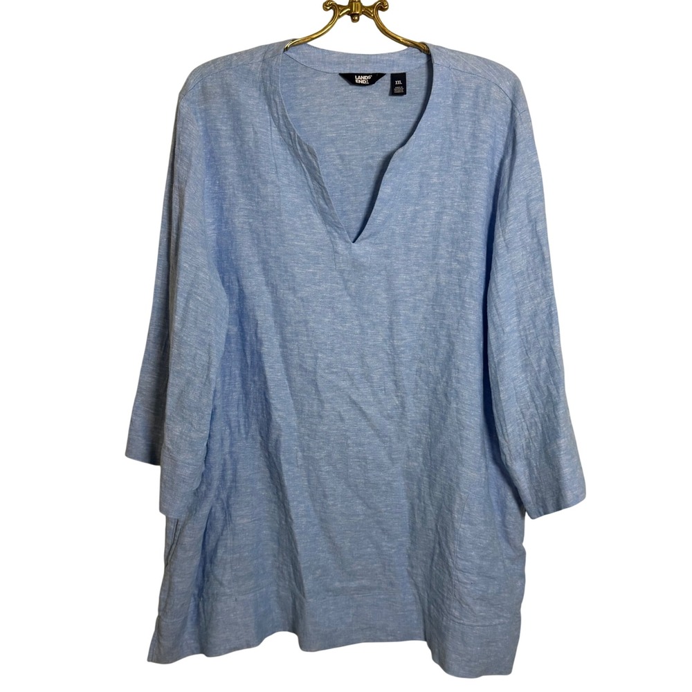 Lands‎ End Womens Blue Linen Blend V Neck Tunic Top Plus Size XXL